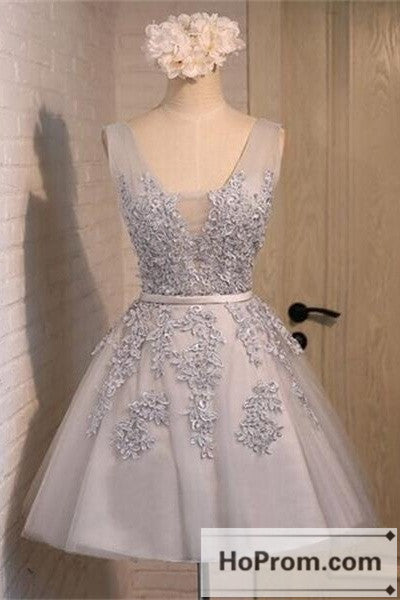 V-neck Gray Short Lace Prom Dresses Homecoming Dresses