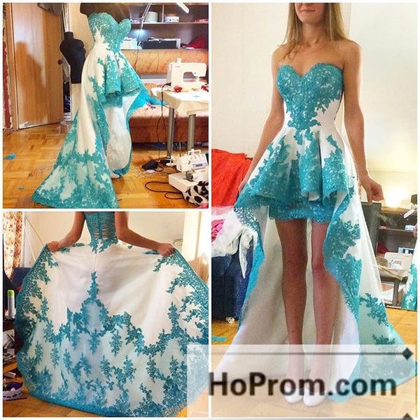 Blue Lace Applique Hi-lo Prom Dresses Homecoming Dresses