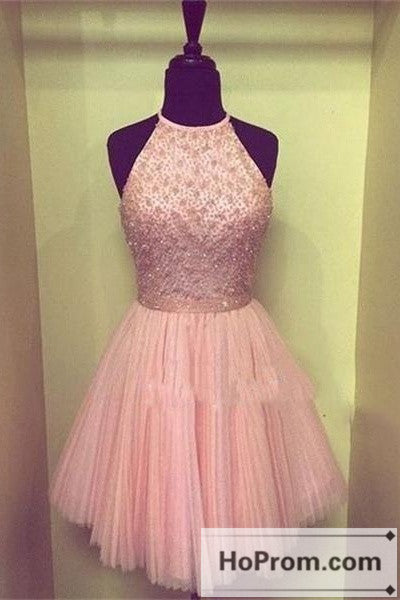 Halter Beading Pink A-Line Prom Dresses Homecoming Dresses