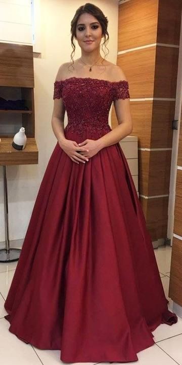 Off the Shoulder Burgundy Prom Dresses Appliqued Long Formal Evening Dress