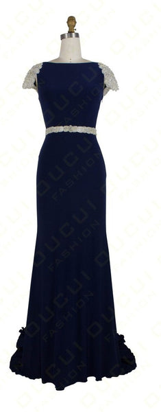 Beading Navy Blue Prom Dresses,Sheath Prom Dress,Evening Dress