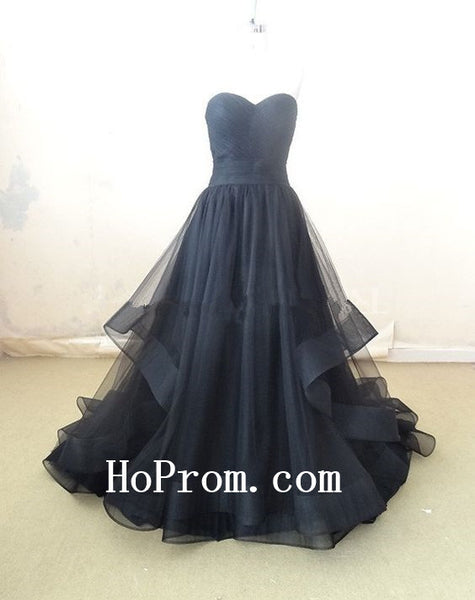 Strapless Black Prom Dresses,Long Prom Dress,Tulle Evening Dresses