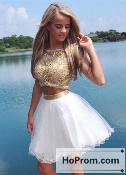 Crystals Two Piece Short White Prom Dresses Homecoming Dresses
