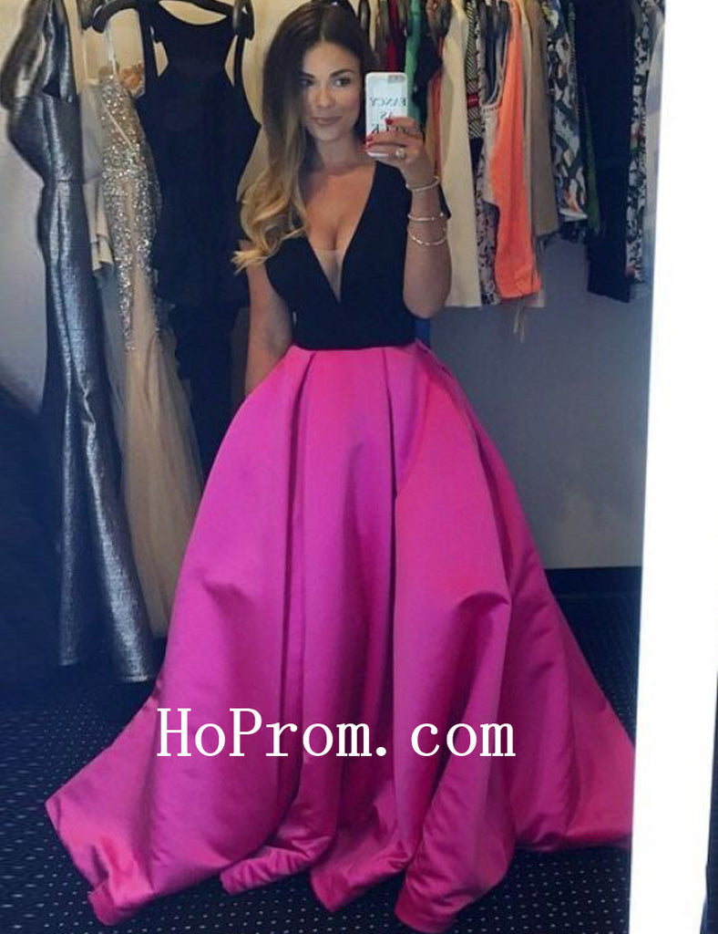 Hot Pink Prom Dresses,V-Neck Prom Dress,Evening Dress