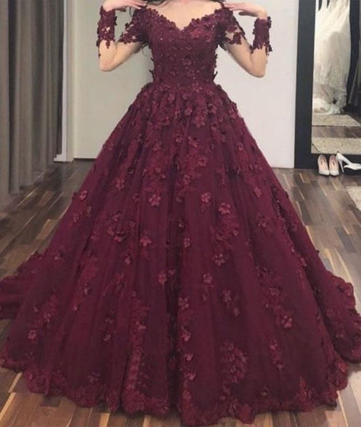 Long Sleeve V Neck 3D Flowers Prom Dresses Appliques Evening Dresses