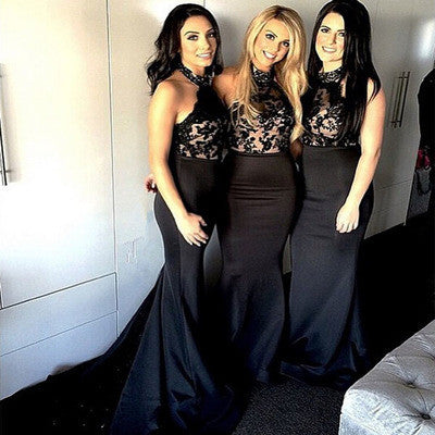Lace Black Halter Long Bridesmaid Dress