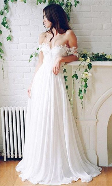 Ivory Chiffon Boho Wedding Dress with Lace Straps
