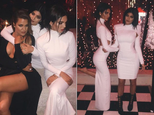 White Kendall Jenner Tight Long Sleeves High Neck Dress Cut Out Prom Celebrity Dress Christmas Eve Party