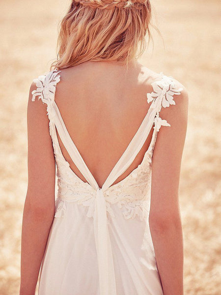 Open Back Chiffon Boho Wedding Dress with Lace Bodice
