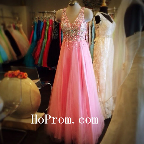 Straps V-Neck Prom Dresses,Long Prom Dress,Pink Evening Dress