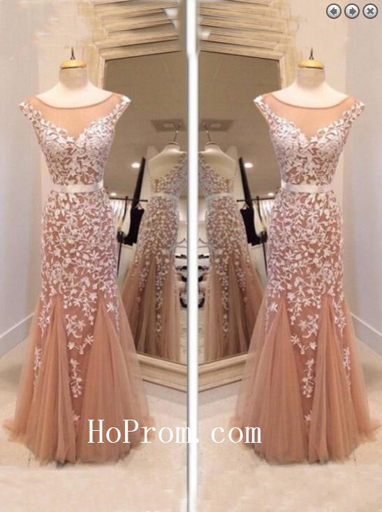 Sheath Tulle Prom Dresses,Applique Prom Dress,Evening Dress