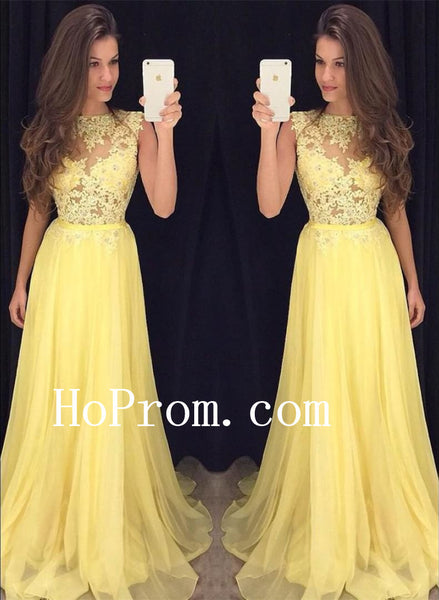 Sleeveless Yellow Prom Dresses,Lace And Applique Prom Dress,Evening Dress