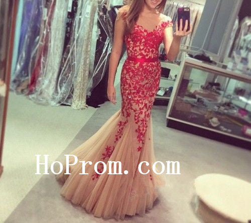 Cao Sleeve Prom Dresses,Red Applique Prom Dress,Evening Dress