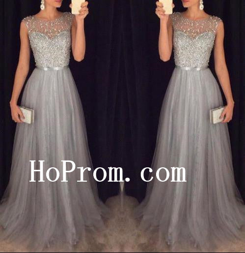 Grey Beading Prom Dresses,Chiffon Prom Dress,Tulle Evening Dress