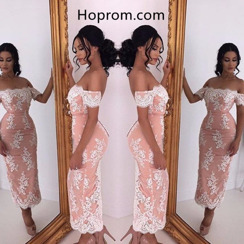 Curto Boat Neck Off the Shoulder Short Sleeve Lace AppliquesTea-Length Party Dresses