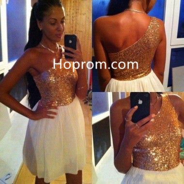 Golden One Shoulder Homecoming Dress, Sequins Homecoming Dress