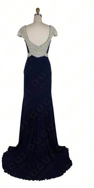 Beading Navy Blue Prom Dresses,Sheath Prom Dress,Evening Dress