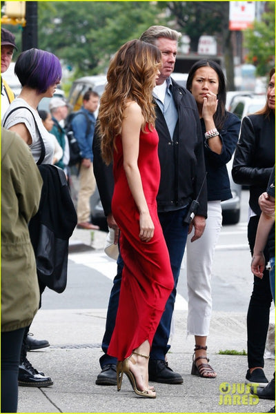 Red Selena Gomez Casual Round Neck Straps Dress Satin Slip Prom Celebrity Dress Outfit For Sale