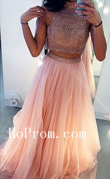 High Neck Pink Prom Dresses,Beading Prom Dress,Evening Dress