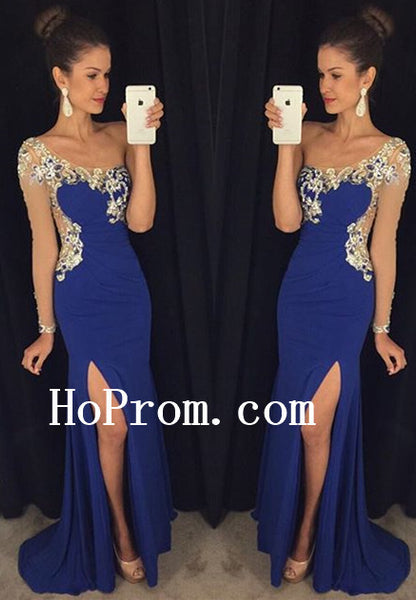Slit Blue Prom Dresses,One Shoulder Prom Dress,Evening Dress