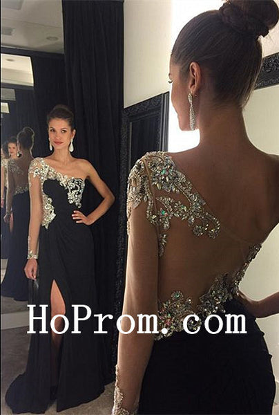 Slit Black Prom Dresses,One Shoulder Prom Dress,Evening Dress