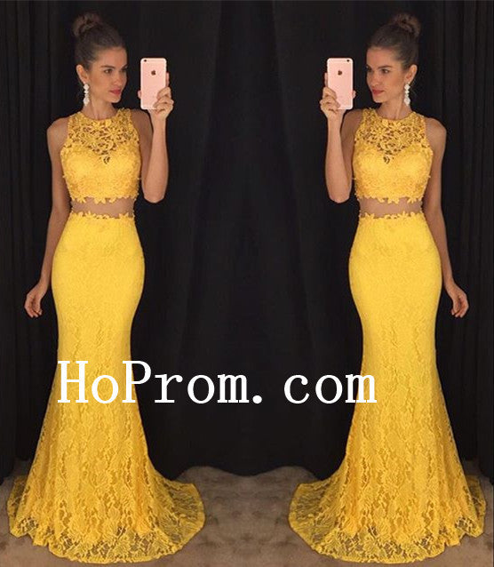Lace Sleeveless Prom Dresses,Two Piece Prom Dress,Yellow Evening Dress