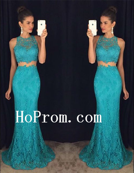 Lace Sleeveless Prom Dresses,Two Piece Prom Dress,Blue Evening Dress