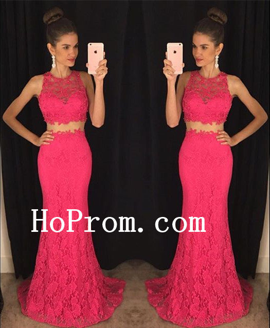 Lace Sleeveless Prom Dresses,Two Piece Prom Dress,Hot Pink Evening Dress