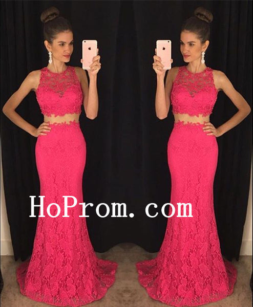 Lace Sleeveless Prom Dresses,Two Piece Prom Dress,Hot Pink Evening Dress