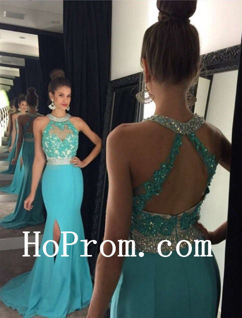 Halter Prom Dresses,Blue  Prom Dress,Applique Evening Dress