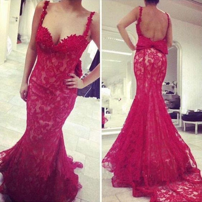 Red Bowknot Prom Dresses,Lace Backless Prom Dress,Evening Dress