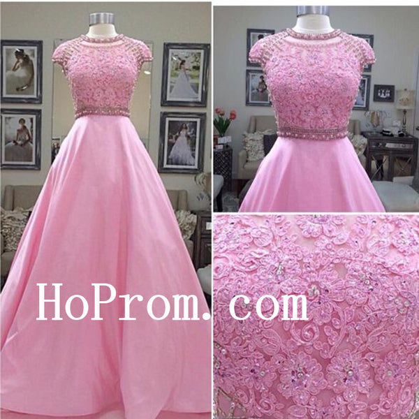 Short Sleeve Prom Dresses,Pink Applique Prom Dress,Evening Dress