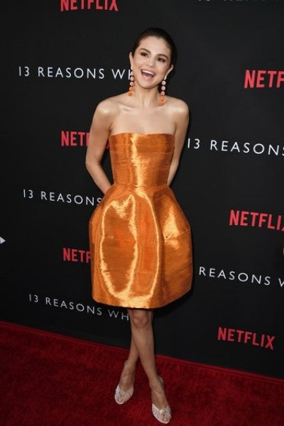 Orange Selena Gomez Short Off The Shoulder Dress Knee Length Prom Celebrity Dress 13 Reasons Why Premiere