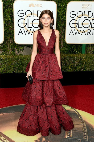 Burgundy Zendaya Coleman Plunging Tiered Ball Gown Dress V Neck Prom Celebrity Formal Dress 73th Golden Globes Awards