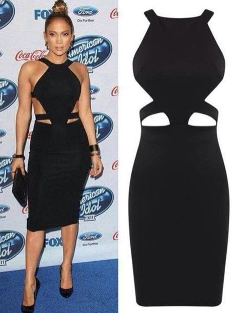 Black Jennifer Lopez (J.Lo) Short Cut Out Dress Halter Tea Length Prom Celebrity Dress American Idol