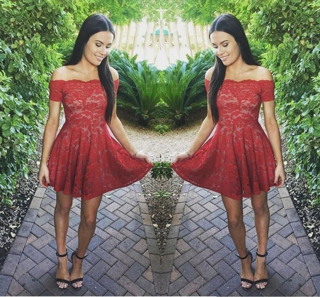 Red Full Lace Off Shoulder Short Sleeve Homecoming Dresses