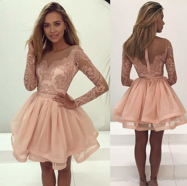 Pink Lace Long Sleeve Tulle Homecoming Dresses With Applique