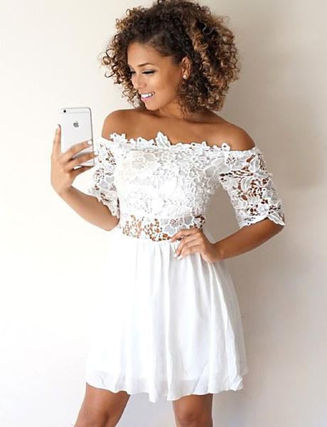 White Lace Off the Shoulder 3/4 Sleeve Short Homecoing Dresses