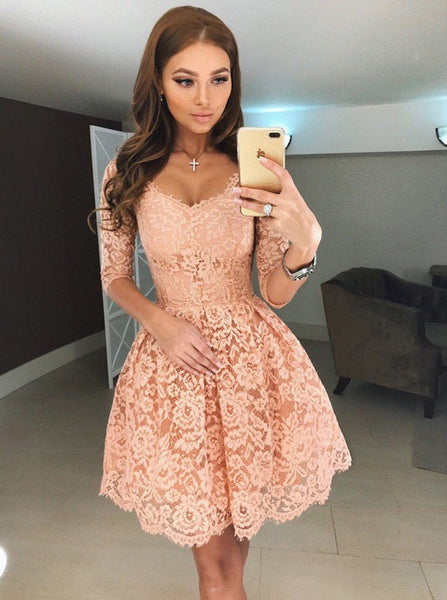 Pink V-neck Lace Middle 3/4 Sleeves Homecoming Dresses