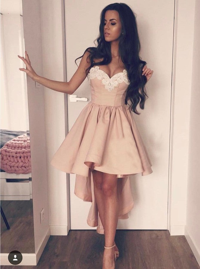 Pink Strapless Applique High Low Satin Sweetheart Homecoming Dress – Hoprom Pink Strapless Applique High Low Satin Sweetheart Homecoming Dress – Hoprom