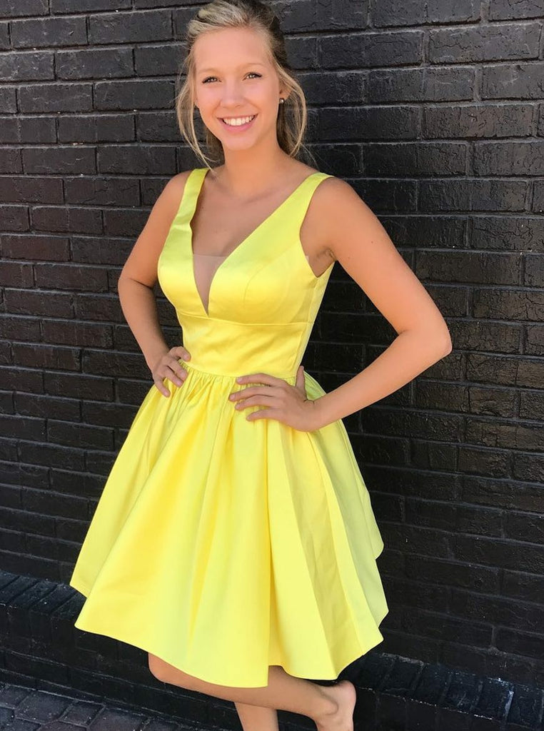Yellow Straps Deep V-Neck Satin Knee Length Homecoming Dresses