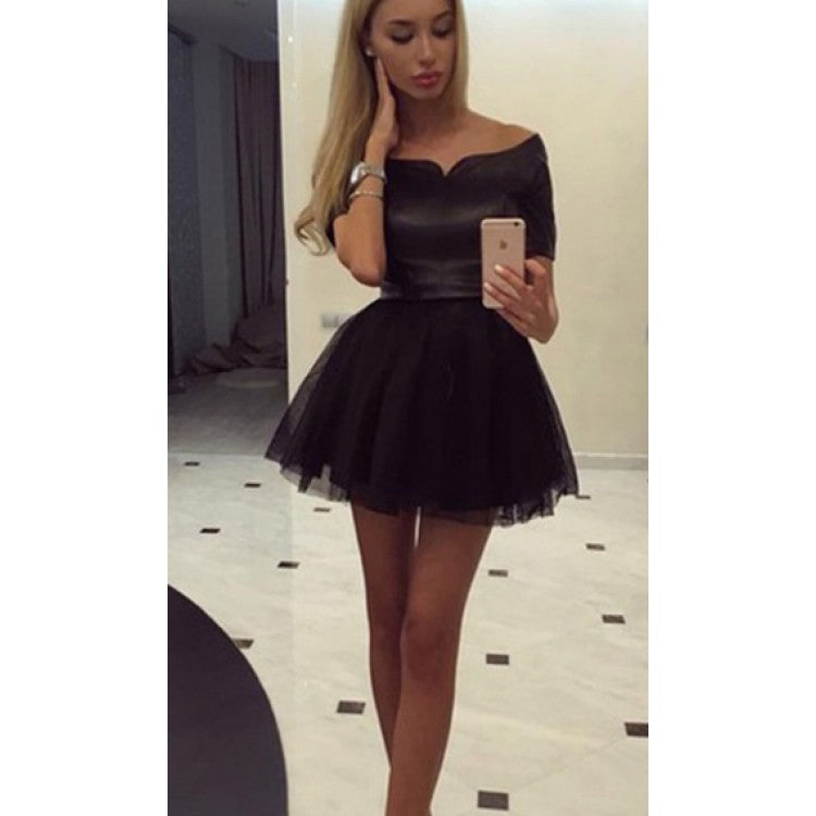 Black Off Shoulder Short Tulle 3/4 sleeve Homecoming Dresses – Hoprom