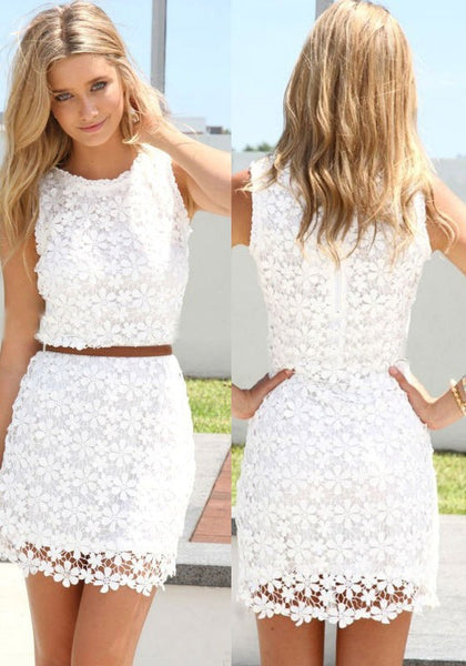 White Lace Round Neck Two Piece Mini Short Homecoming Dresses
