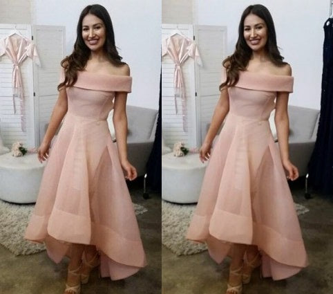 Pink Organza Off Shoulder High Low Cocktail Short sleeve Homecoming Dress