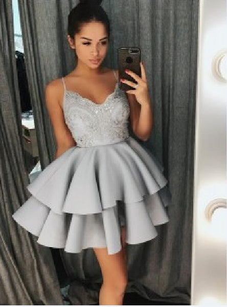 Silver V-neck Applique Straps Stain Homecoming Dresses