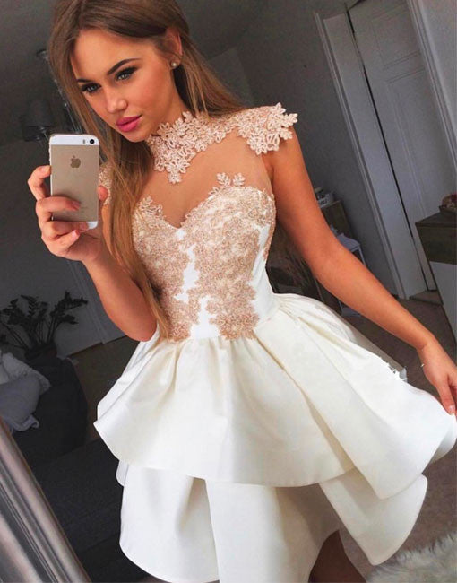 White Applique Cute Halter Double Decker Skirt Homecoming Dresses
