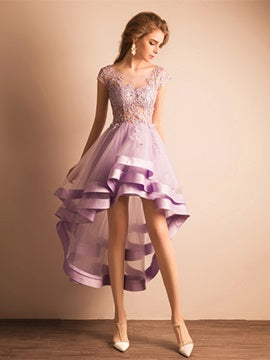 Purple V-neck Lace Applique High Low Tulle Homecoming Dresses