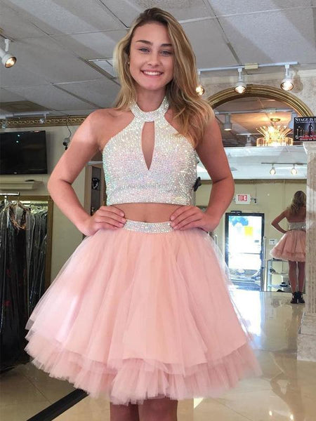 Pink Halter Paillette Two Piece Cute Tulle Homecoming Dresses With Bead Belt