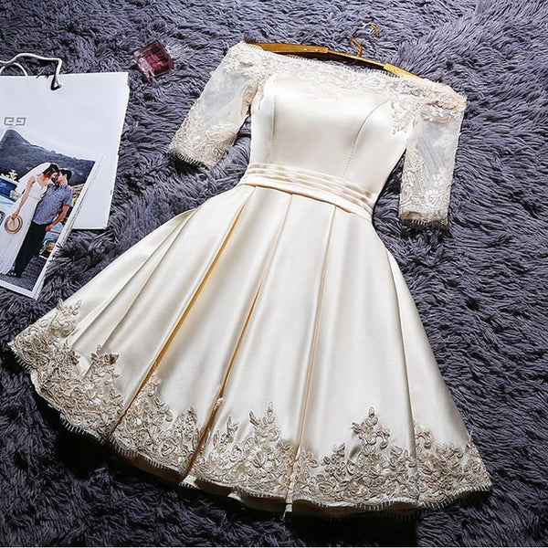White Lace Applique Off Shoulder 3/4 sleeve Stain Homecoming Dresses