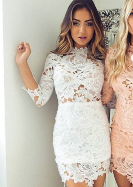 White Lace Applique Long Sleeeve Bodycon Mini Short Homecoming Dresses